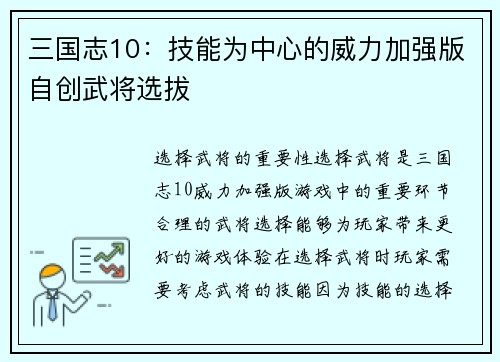 三国志10：技能为中心的威力加强版自创武将选拔