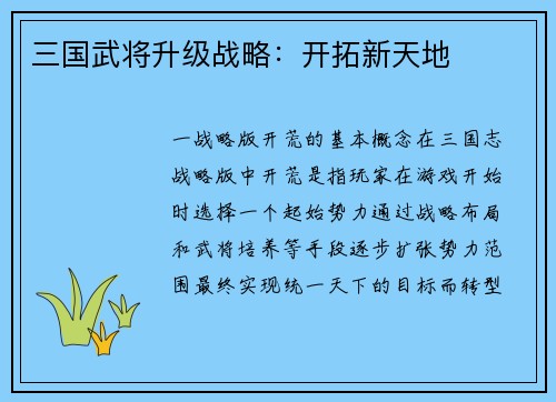三国武将升级战略：开拓新天地